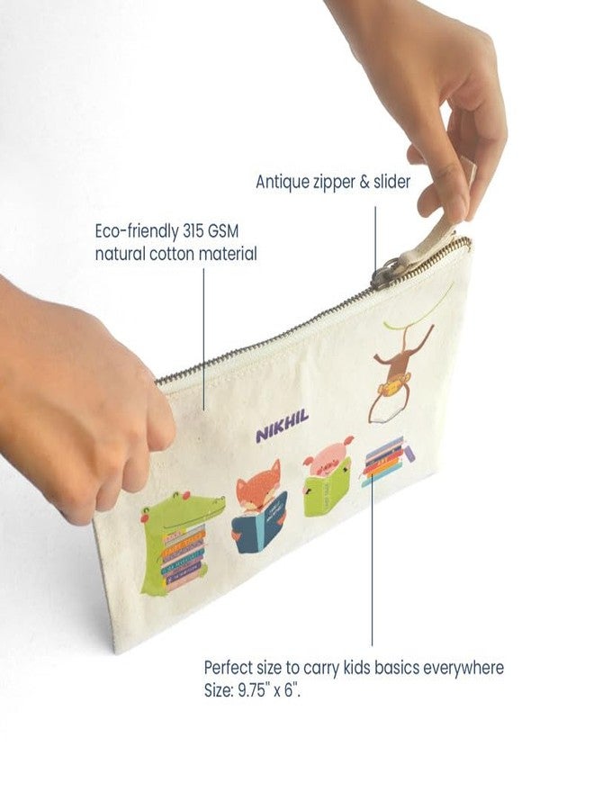 Zooboo Catch All Pouch Personalized with Kid's Names, 100% Cotton with Zipper, Pencil Pouch for Boys and Girls, School Supply Stationery Box Organizer for Students Animal Library - Image 4